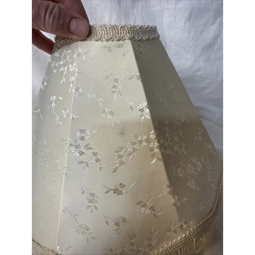 Vtg Victorian style brocade floral damask cream ivory LAMP SHADE fringe Boudoir